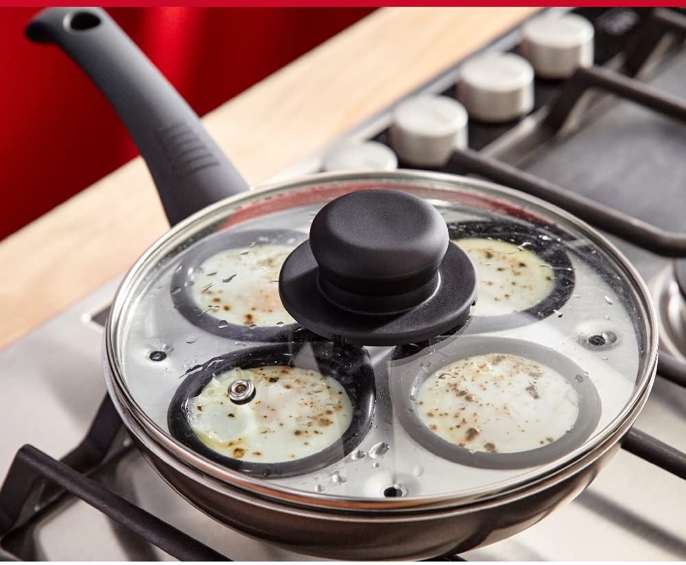 Non-Stick Egg Poacher Pan, 20cm, 4 Egg Poacher Cups, Frying Pan Base & Glass Lid